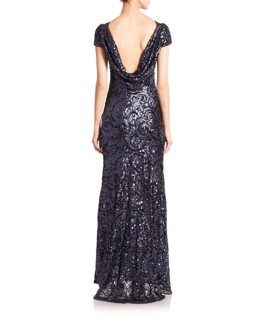 Badgley mischka Sequined Cowl-back Gown in Blue - Save 71% | Lyst