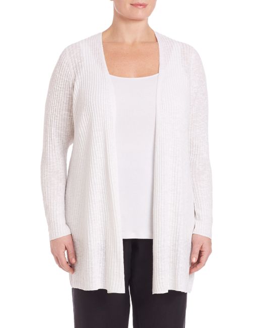 Eileen fisher Long Slub-cotton Rib-knit Cardigan in White | Lyst