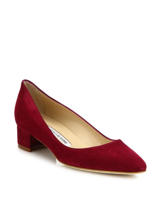 Manolo blahnik Listony Suede Block-heel Pumps in Red (cranberry) | Lyst