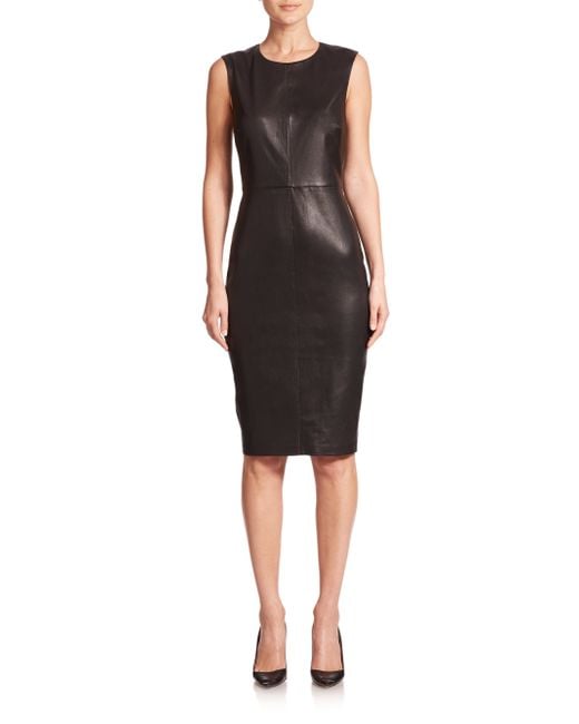 Saks fifth avenue Sleeveless Leather Sheath Dress in Black | Lyst