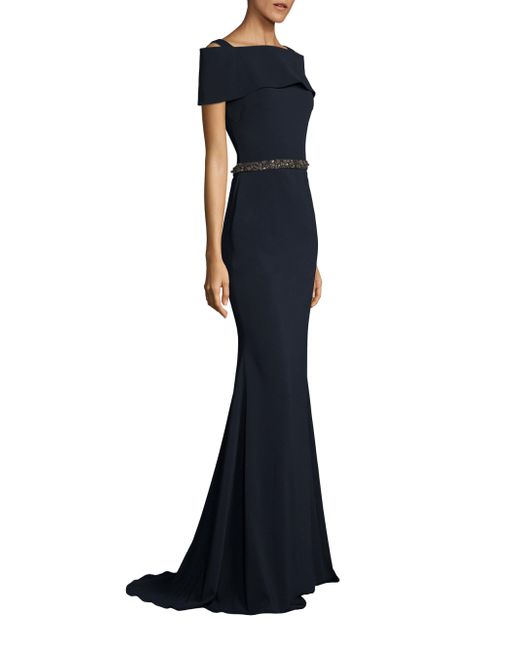 Badgley mischka Beaded Off-the-shoulder Gown in Blue | Lyst