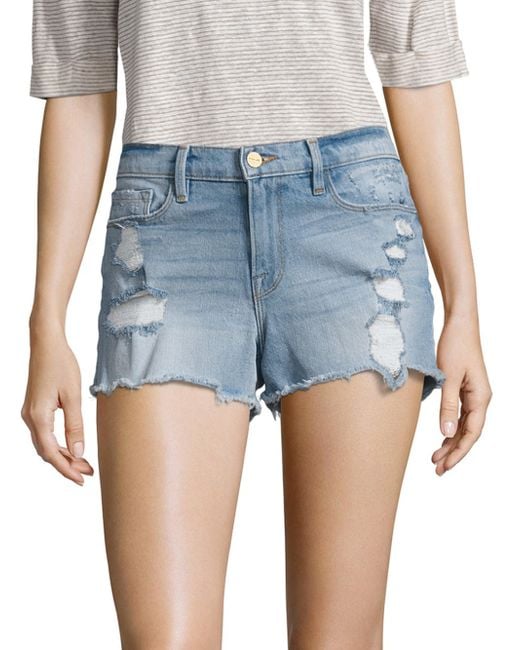 Frame Le Cutoff Distressed Denim Shorts in Blue Save 7 Lyst