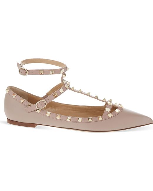 Valentino Rockstud Leather Ballet Flats in Natural | Lyst