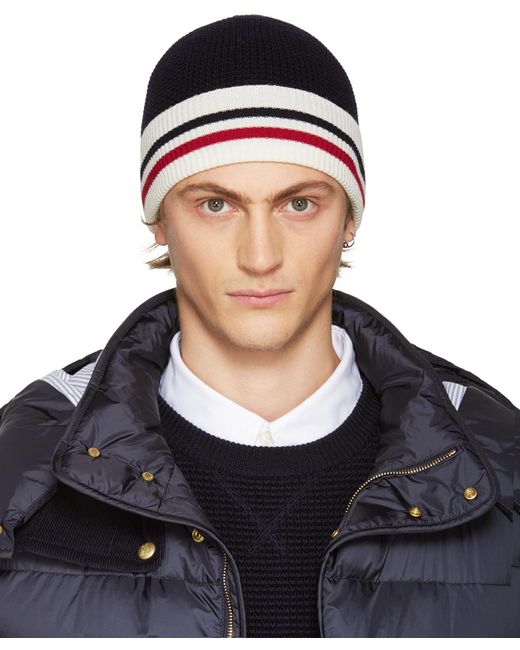 hat black pom pom moncler Beanie Navy for in Striped gamme Blue Lyst Moncler  bleu Men