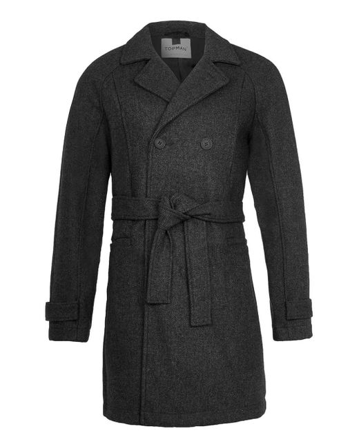 Topman Dark Grey Textured Wool Rich Trench Coat in Gray for Men (Grey ...