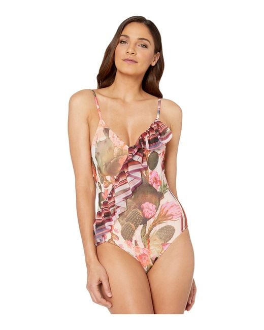 Lyst - Fuzzi One-piece Front Ruffle Cactus Print (pink ...