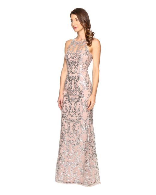Adrianna papell Sequin Lace Sleevless Halter Gown in Metallic | Lyst