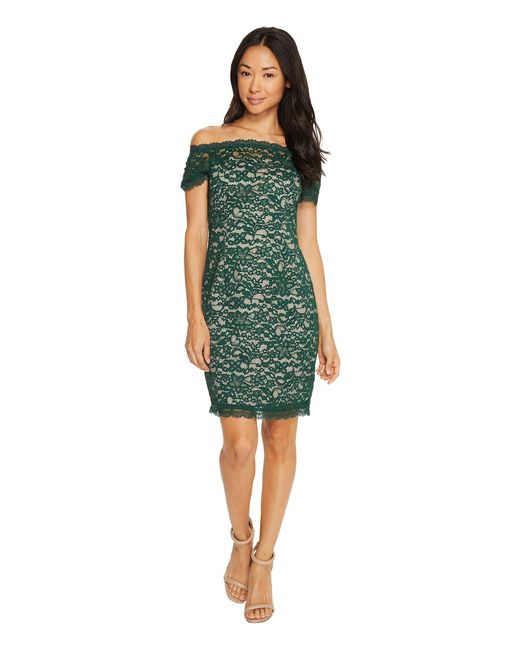 green lace off shoulder dress