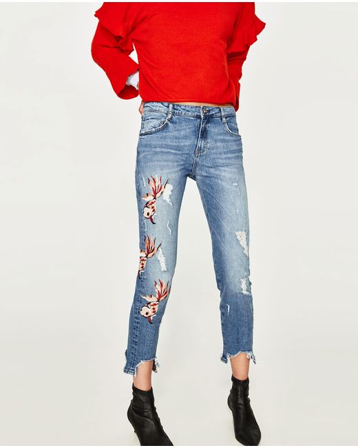 Zara Mid-rise Slouchy Fit Jeans in Red | Lyst