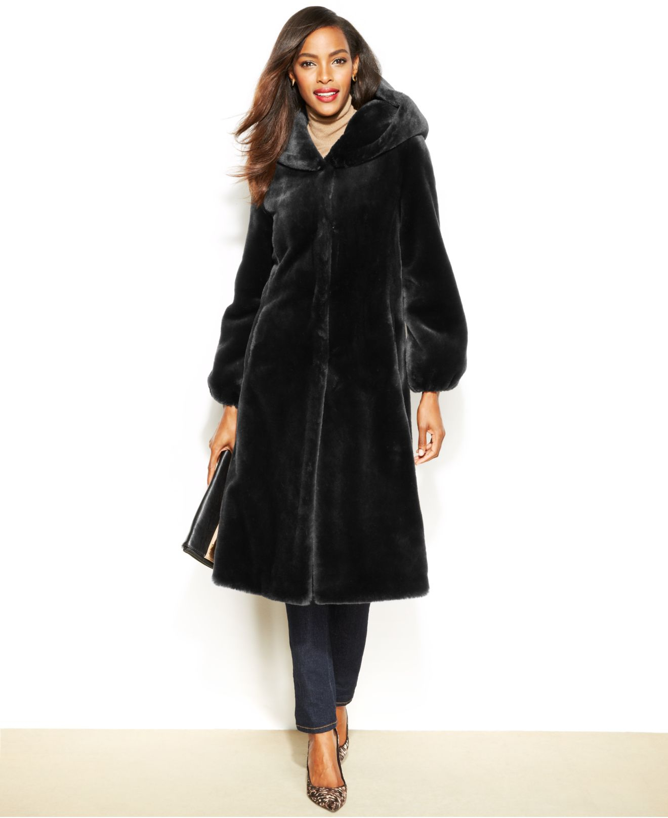 Jones New York Hooded Faux-Fur Maxi Coat in Black - Lyst