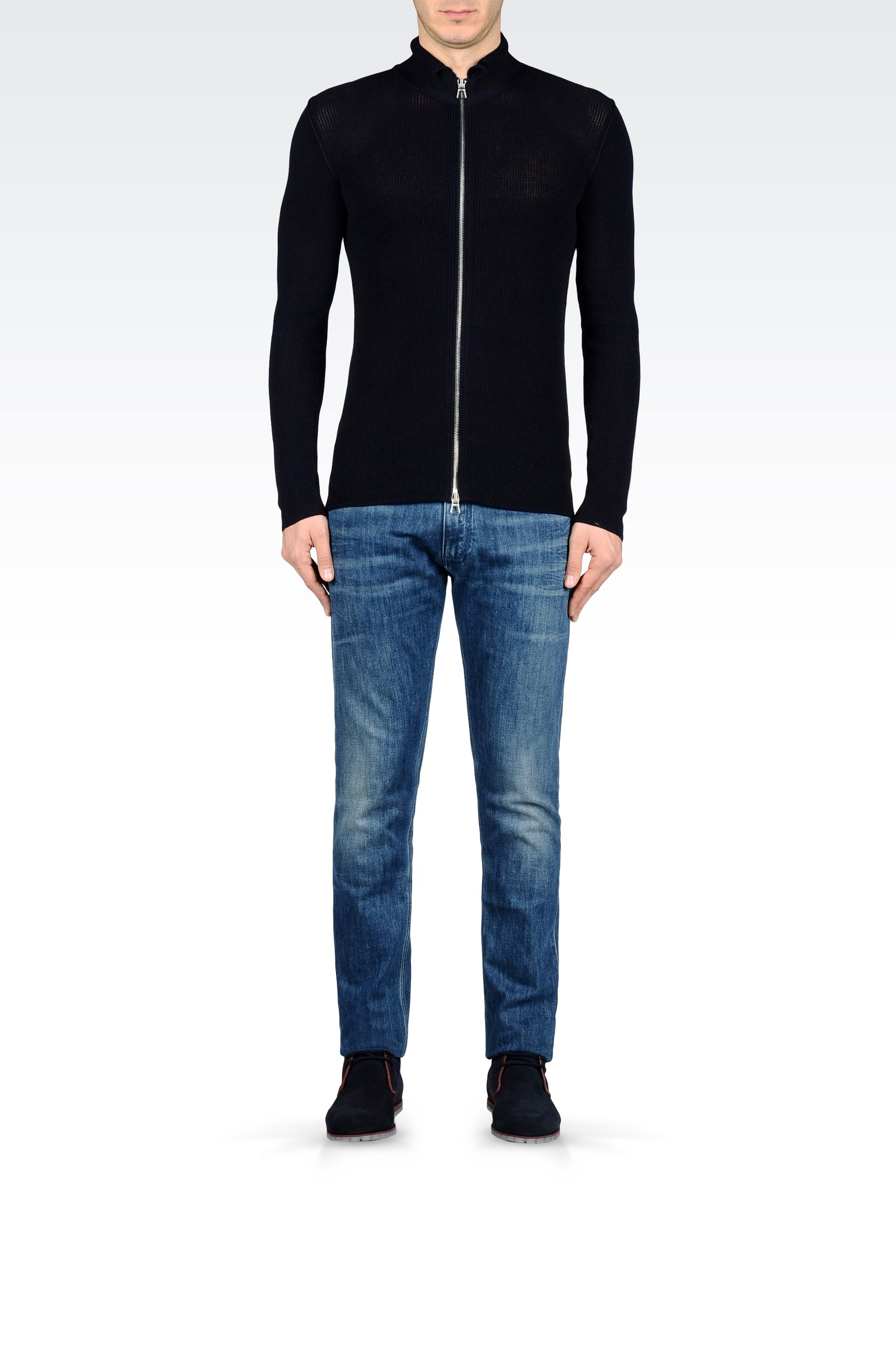 Emporio armani Full Zip Cardigan In Net Stitch Cotton in Blue for Men ...