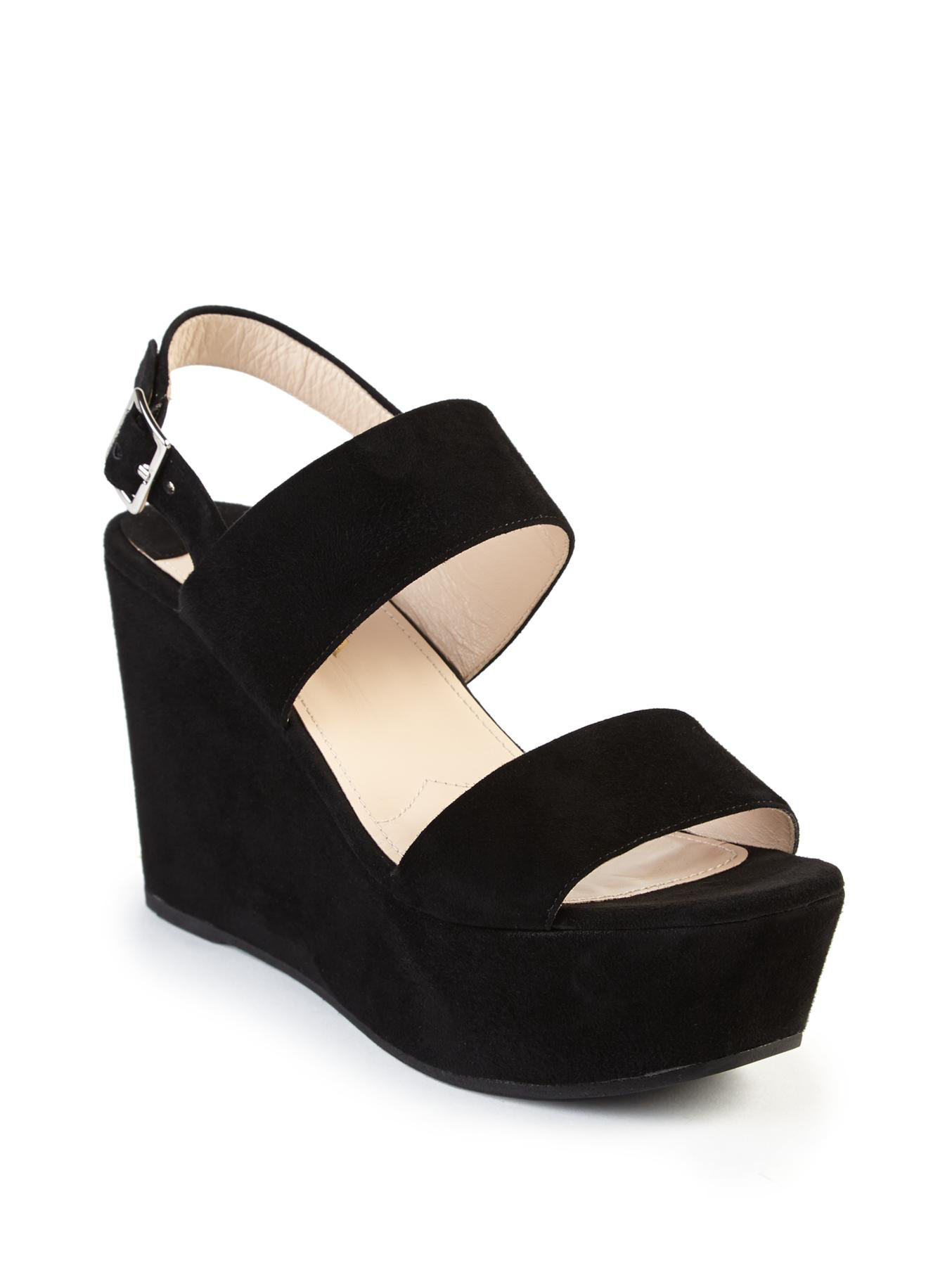 Prada Suede Platform Wedge Sandals in Black | Lyst