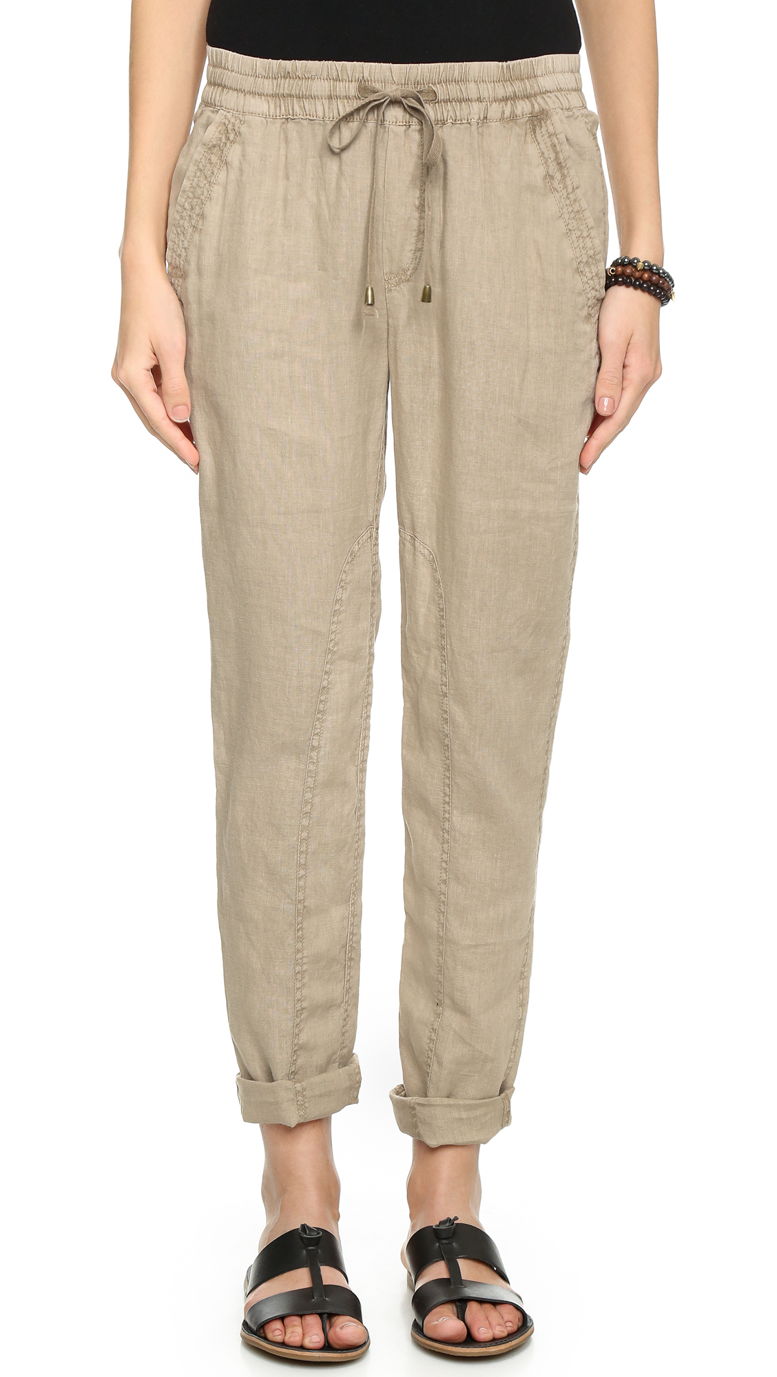 Three dots Linen Rolled Pants - Caribbean Sand in Beige (Caribbean Sand ...