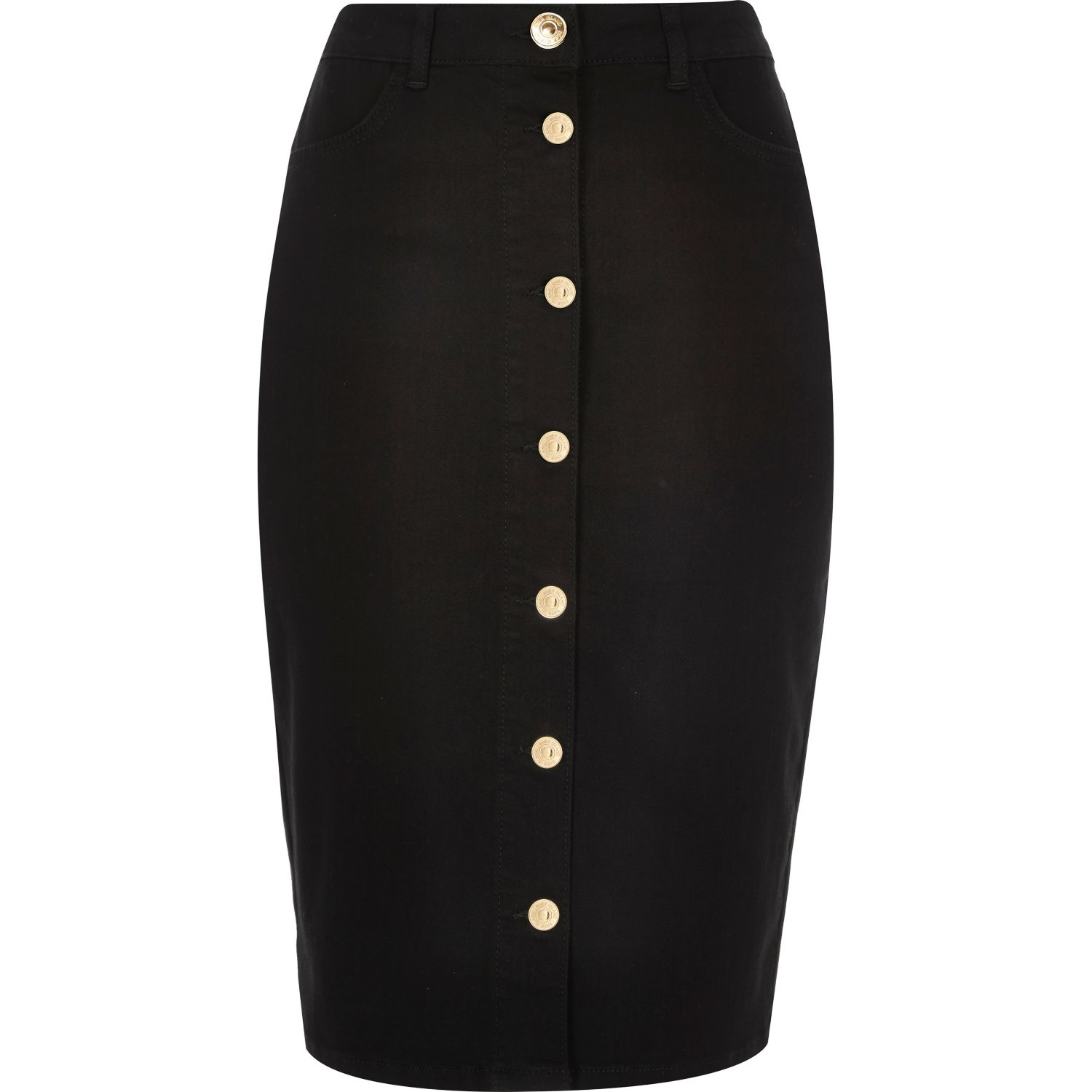 Lyst - River island Black Denim Button-up Pencil Skirt in Black