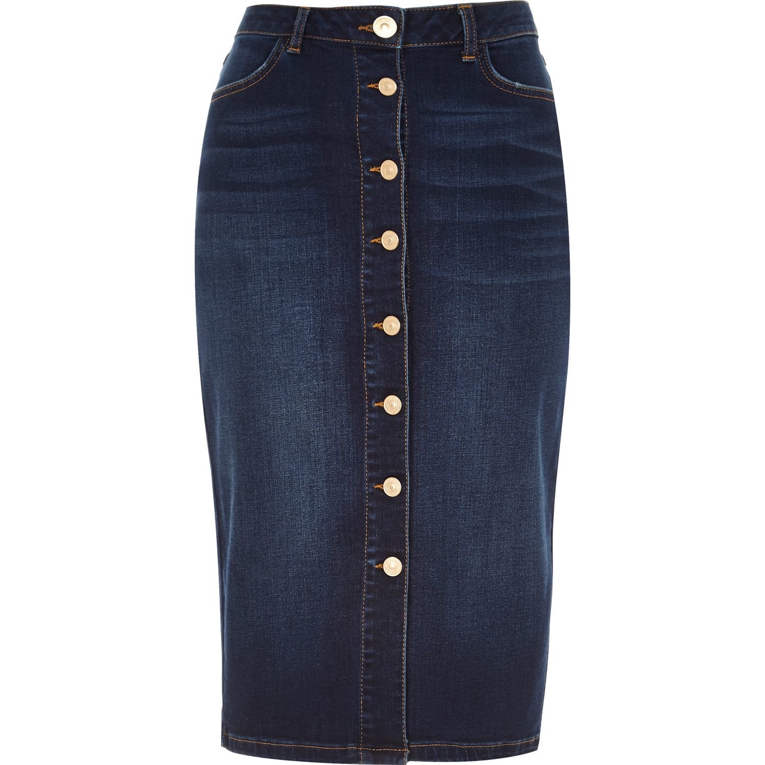 Lyst River Island Dark Denim Button Up Midi Pencil Skirt In Blue 9002