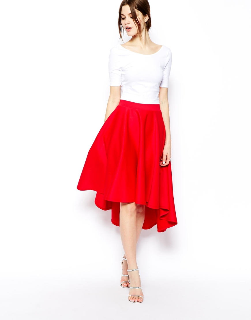 Lyst - Asos Midi Skirt In Scuba With Dipped Hem in Red