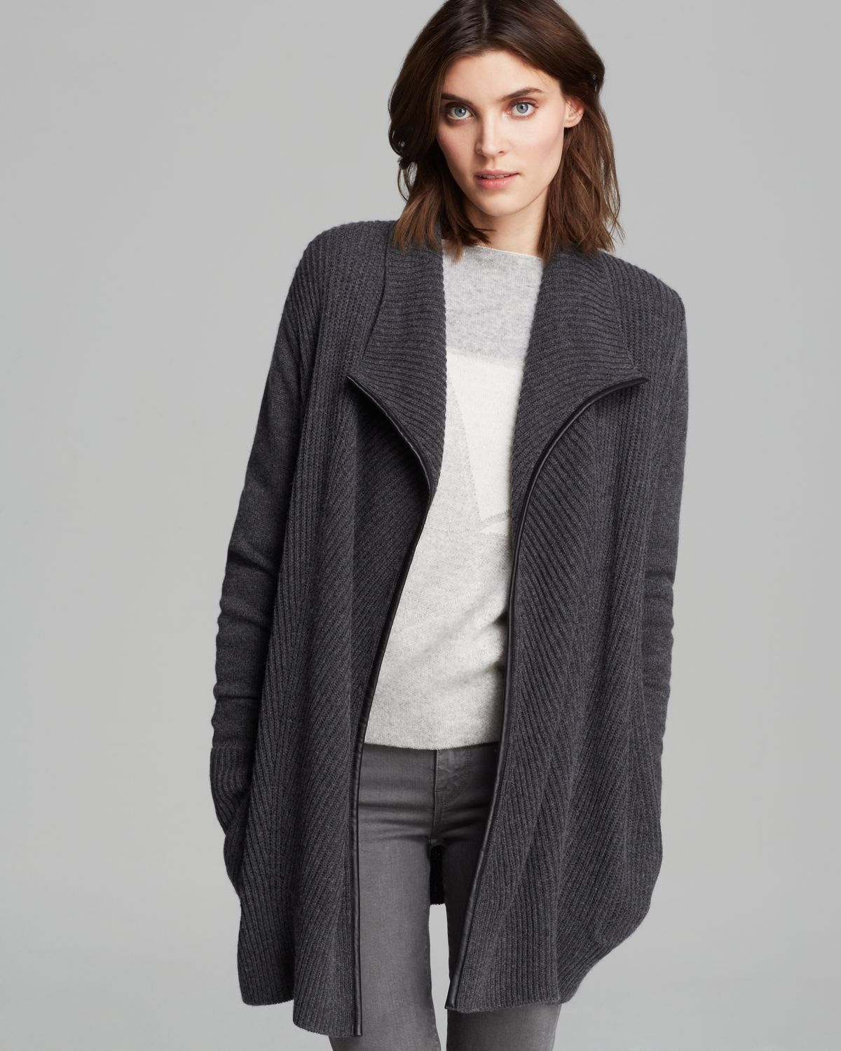 Lyst - Vince Cardigan Leather Trim Drape in Gray