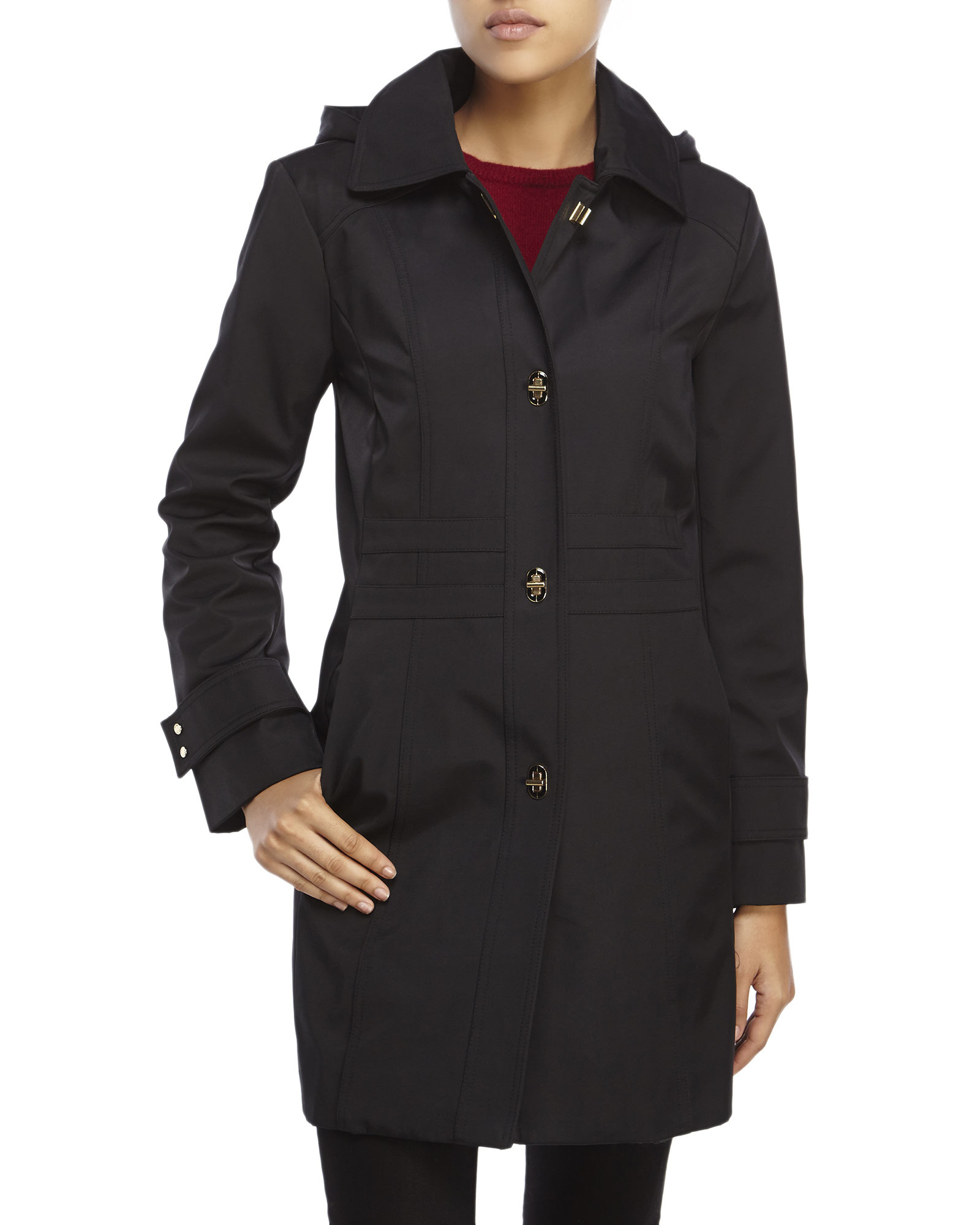 Anne Klein Hooded Turn Lock Trench Coat in Black | Lyst