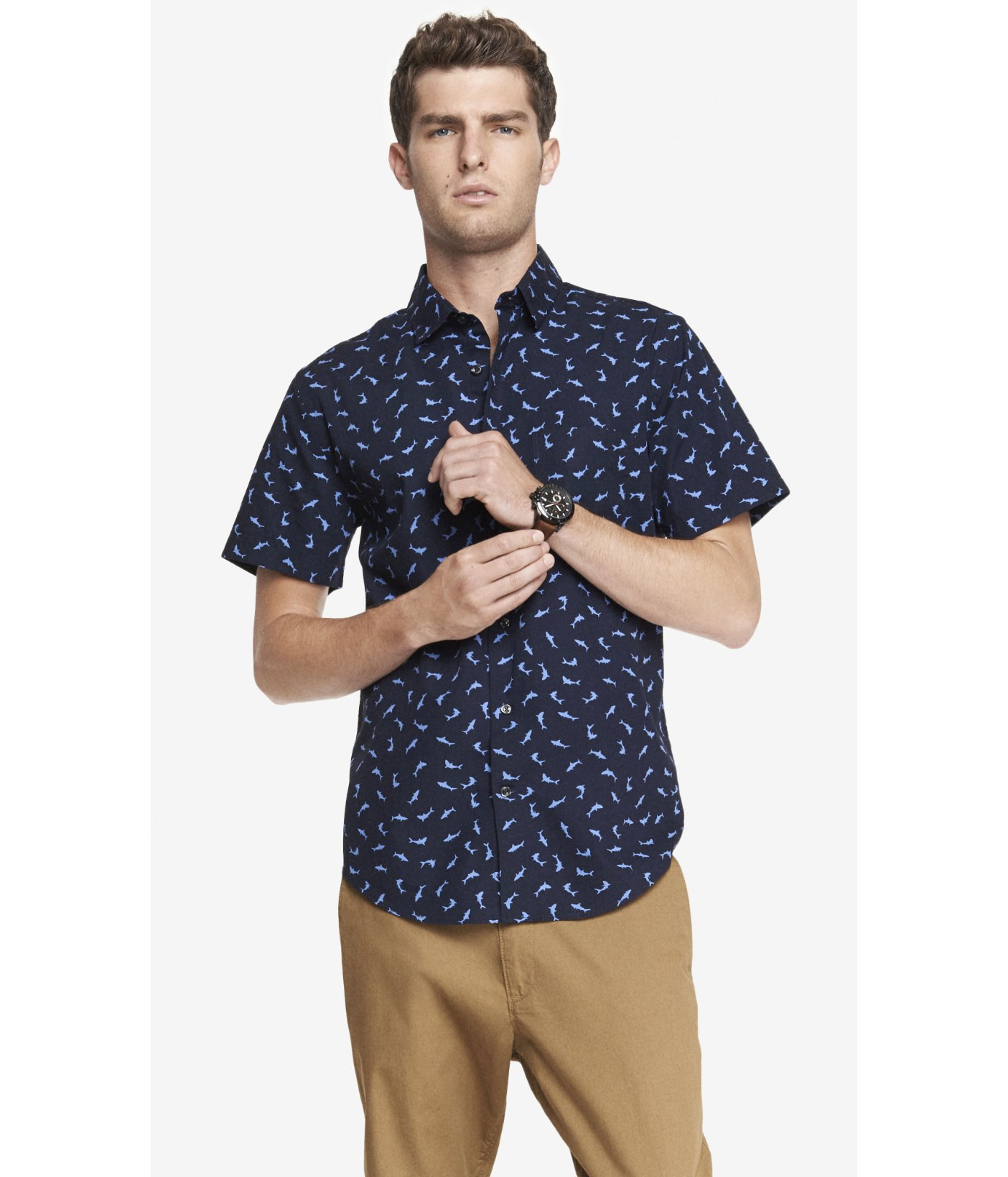 Lyst - Express Fitted Short Sleeve Shark Print Shirt in Blue for Men