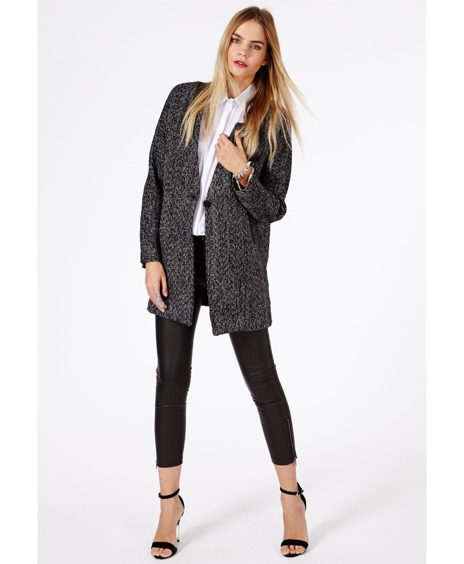 Missguided Petera Tweed Boyfriend Coat with Faux Leather Trim in