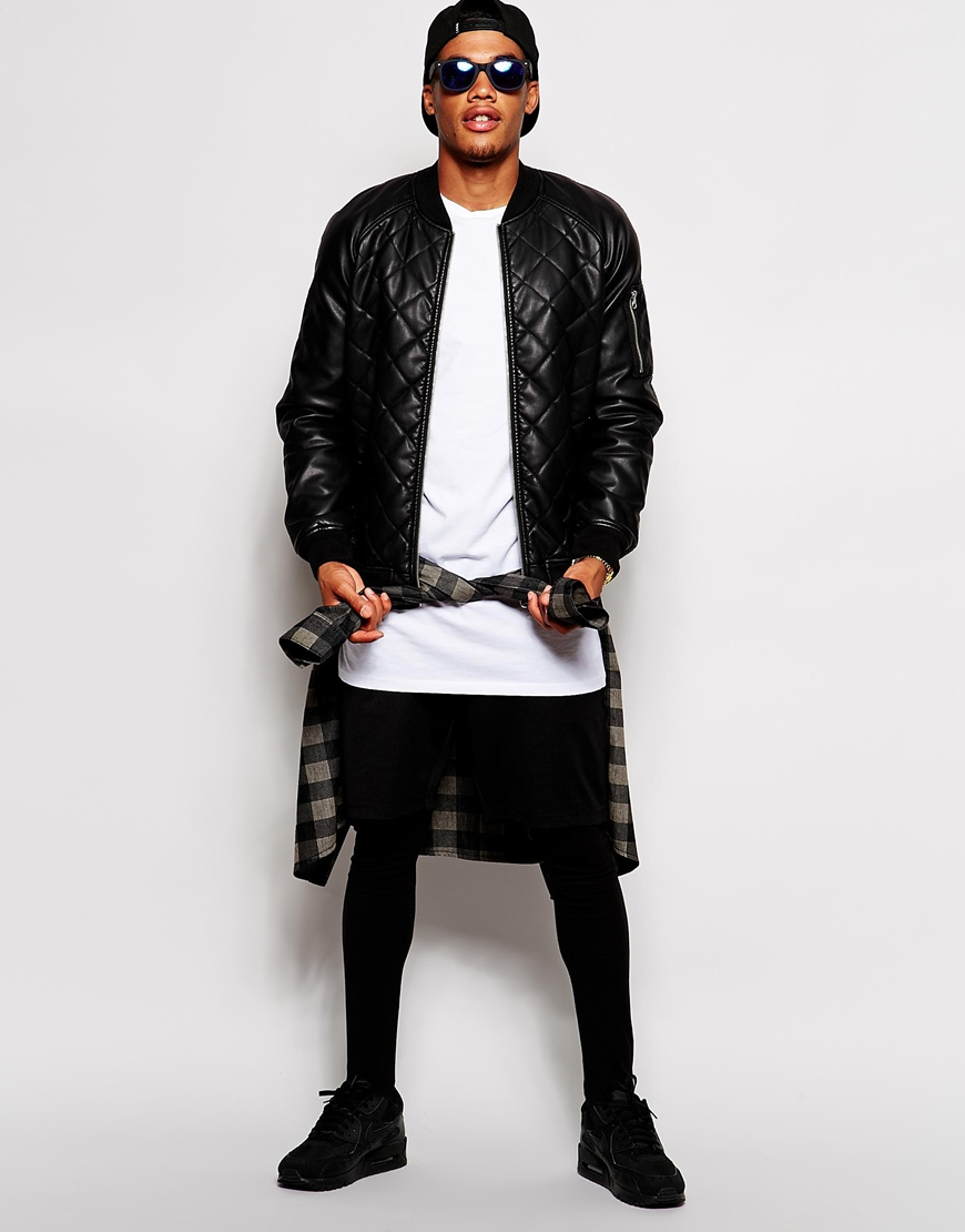 Asos Faux Leather Quilted Bomber Jacket in Black for Men | Lyst