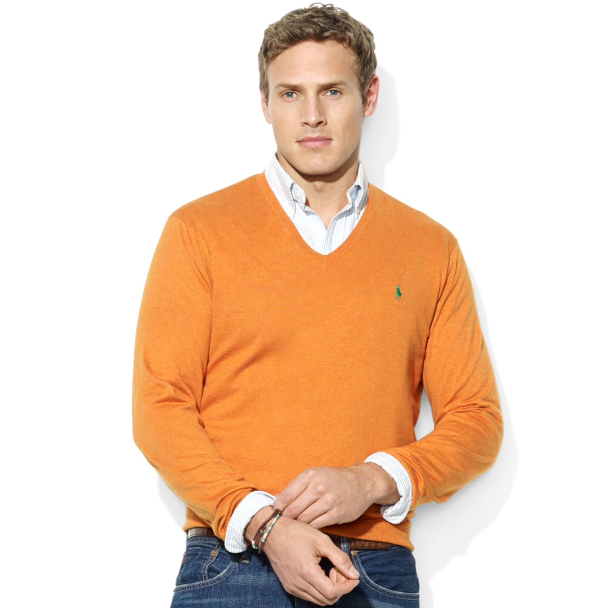 Ralph lauren V neck Pima Cotton Sweater in Orange for Men | Lyst