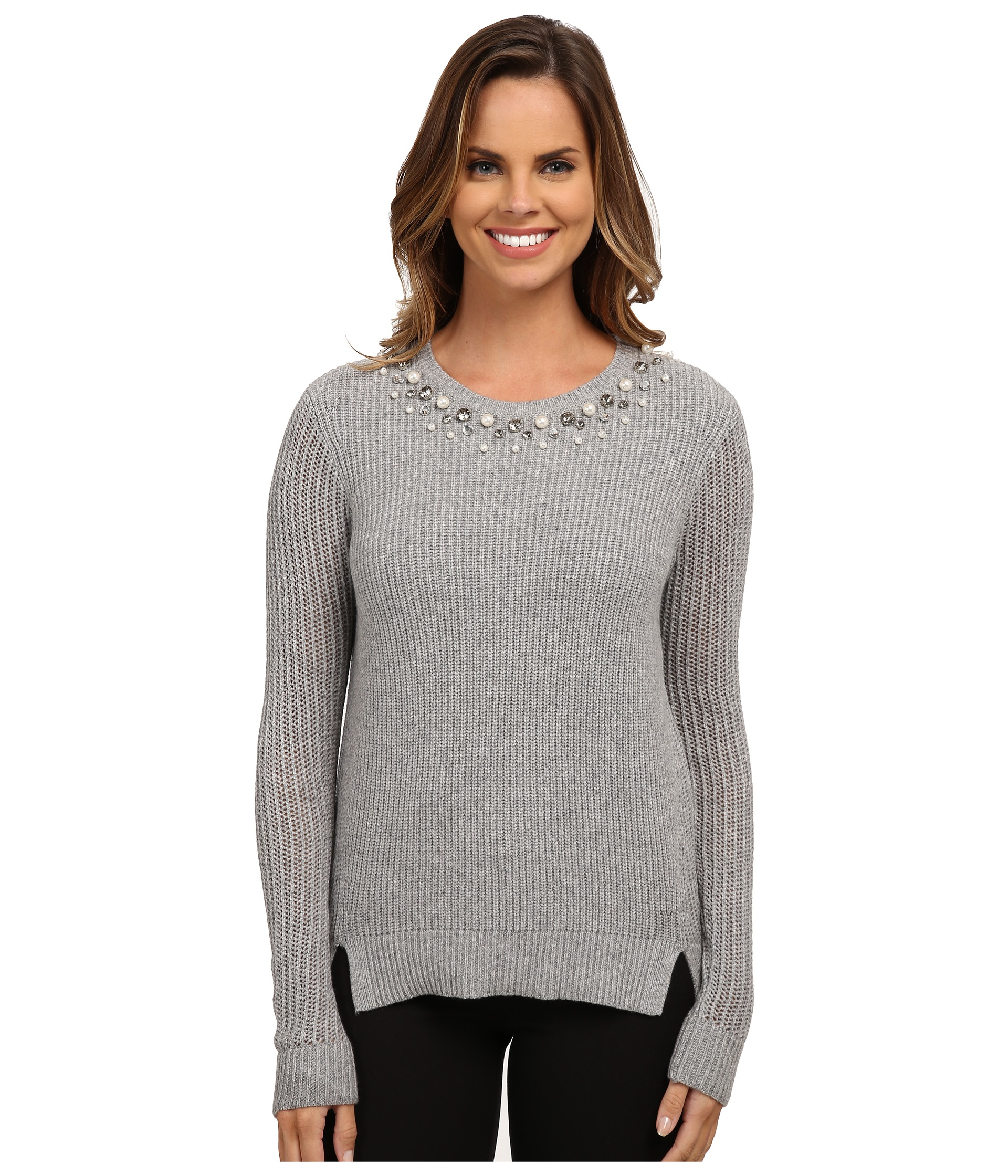 Adrianna papell Scoop Embellished Neck Sweater in Gray | Lyst
