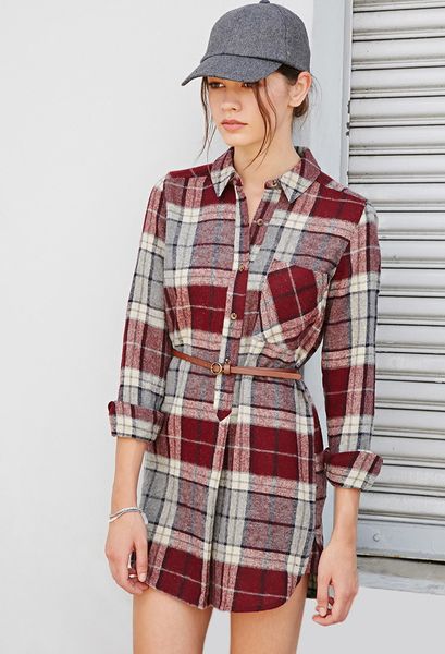 Forever 21 Belted  Plaid  Shirt  Dress  in Gray Wine grey Lyst