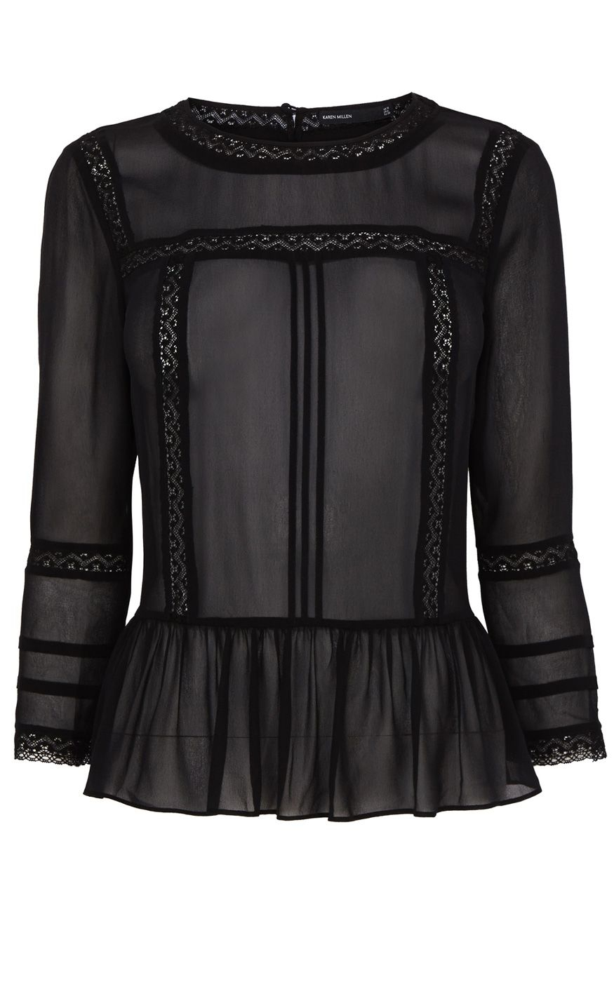Karen Millen Sheer Silk and Lace Blouse in Black | Lyst