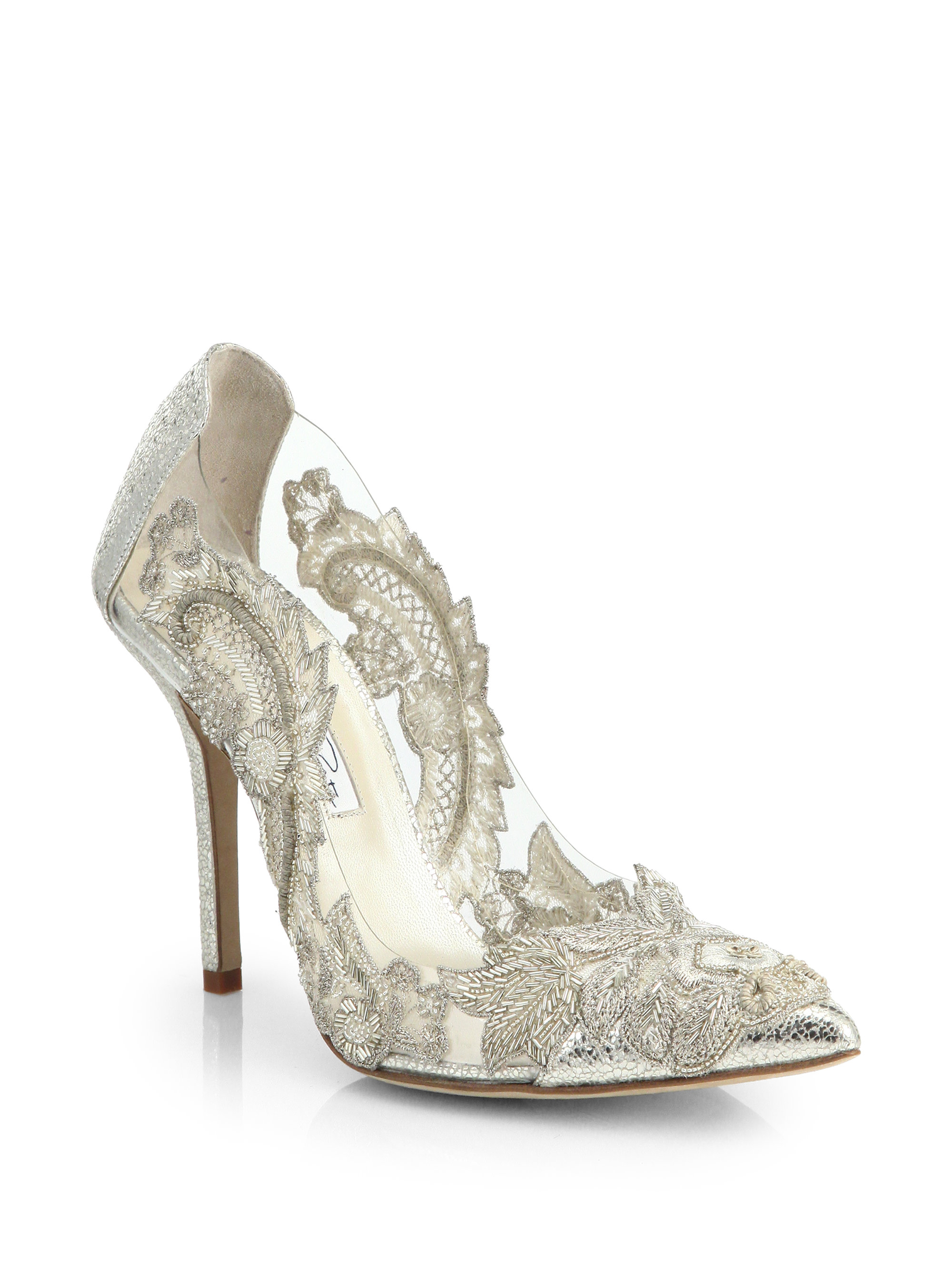 Lyst Oscar De La A Alyssa Beaded Liqué Metallic Leather Gallery