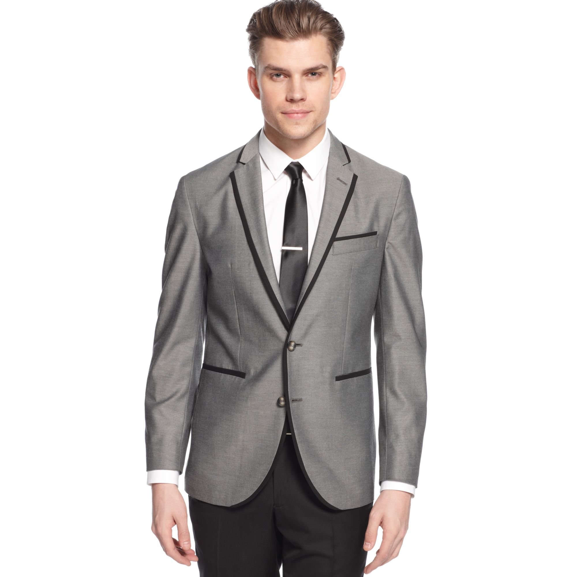 black sports coat with gray pants