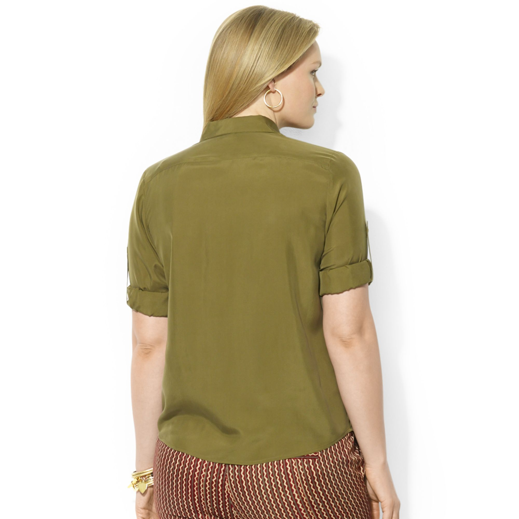 Lyst Lauren by ralph lauren Tab Sleeve Silk Utility Shirt in Green