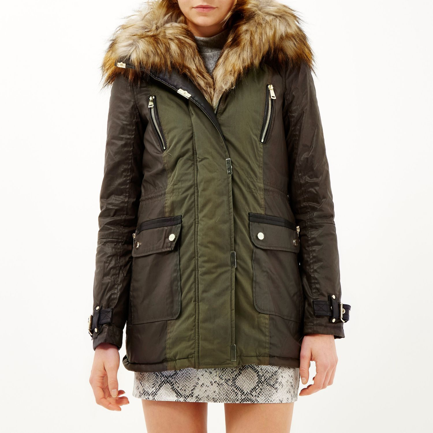 River island Khaki Faux Fur Trim Parka Jacket in Natural | Lyst