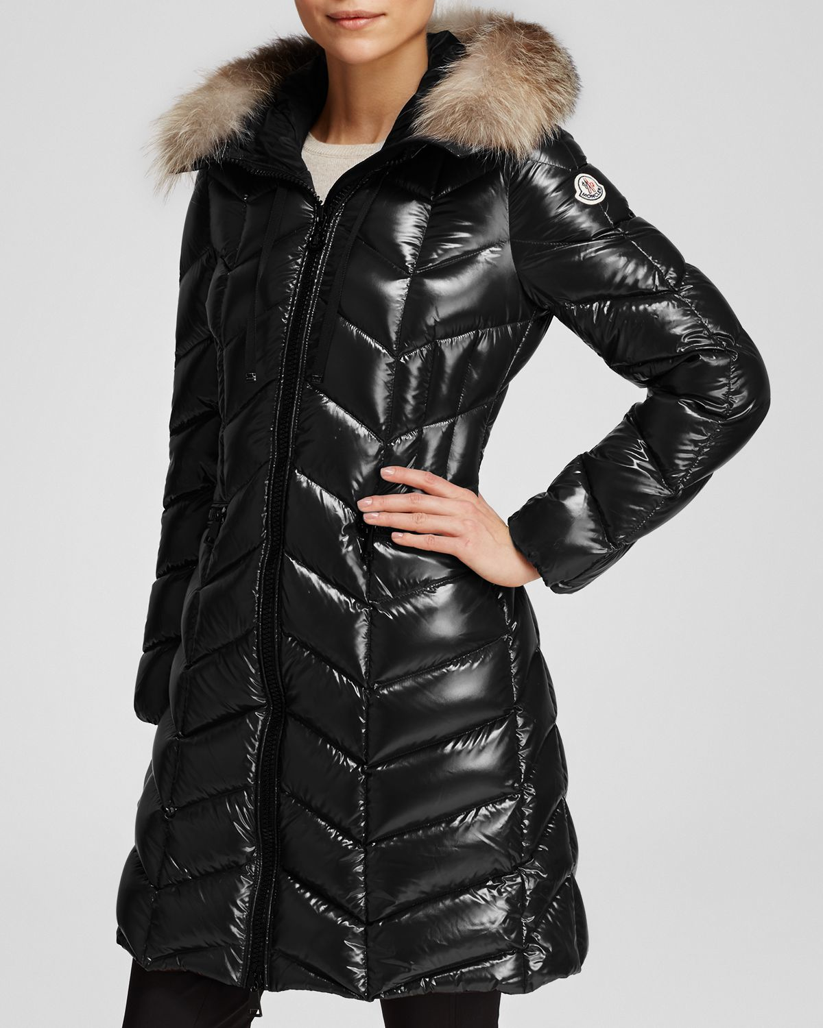 Moncler Bellette Hooded Down Coat With Fur Trim in Black | Lyst