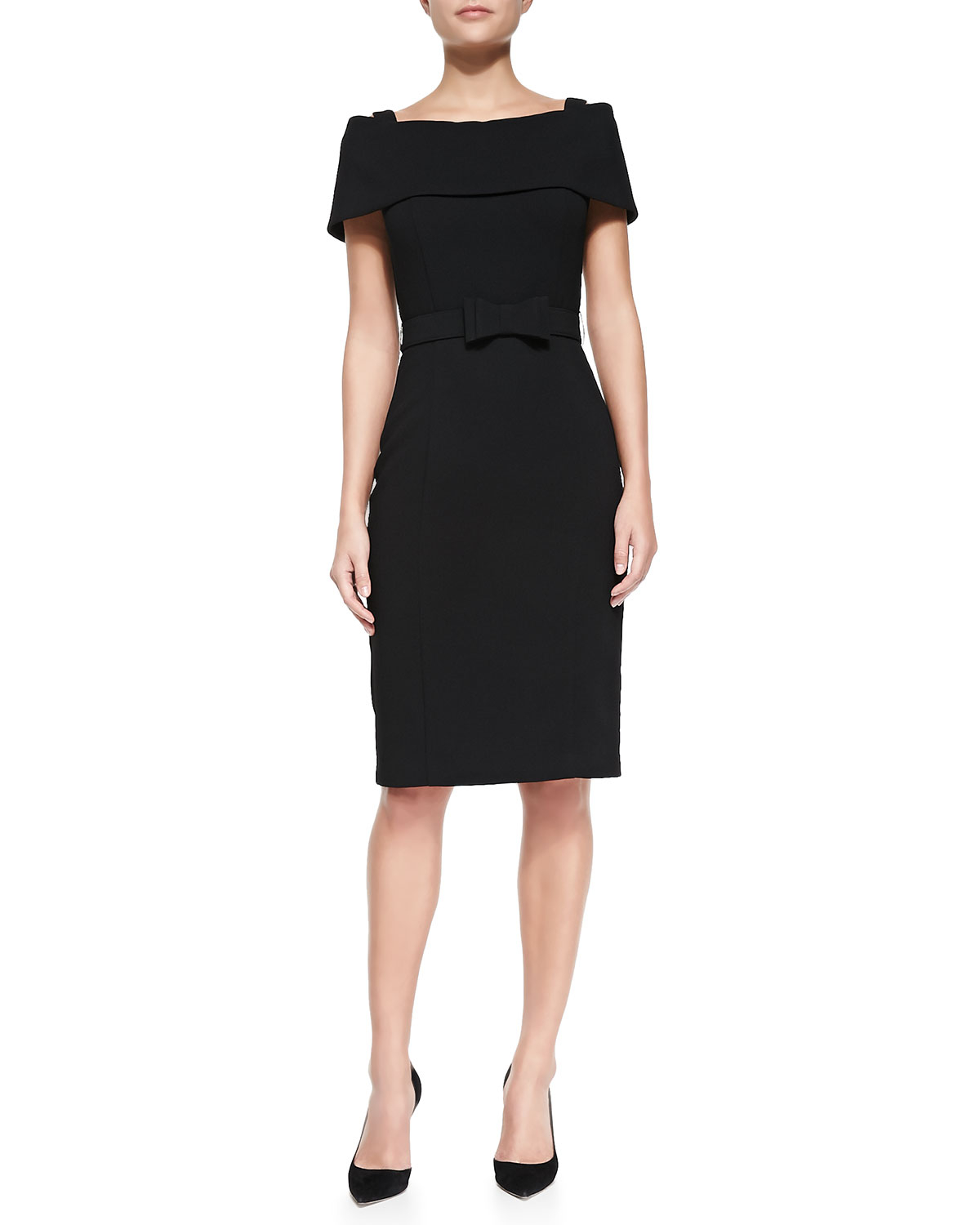 Badgley Mischka Off The Shoulder Sheath Dress W Bow Belt In Black Lyst 