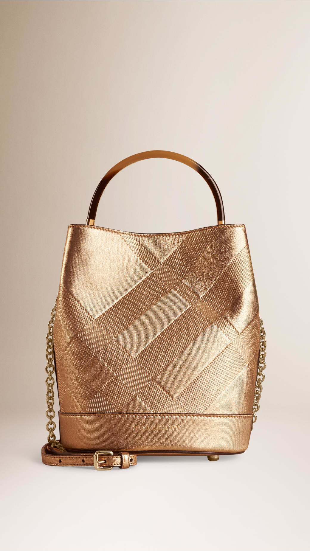 Burberry The Small Bucket Bag In Embossed Check Leather in Gold | Lyst