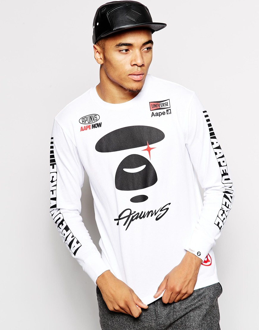 Aape By A Bathing Ape Long Sleeved T-Shirt With Racer Print in White