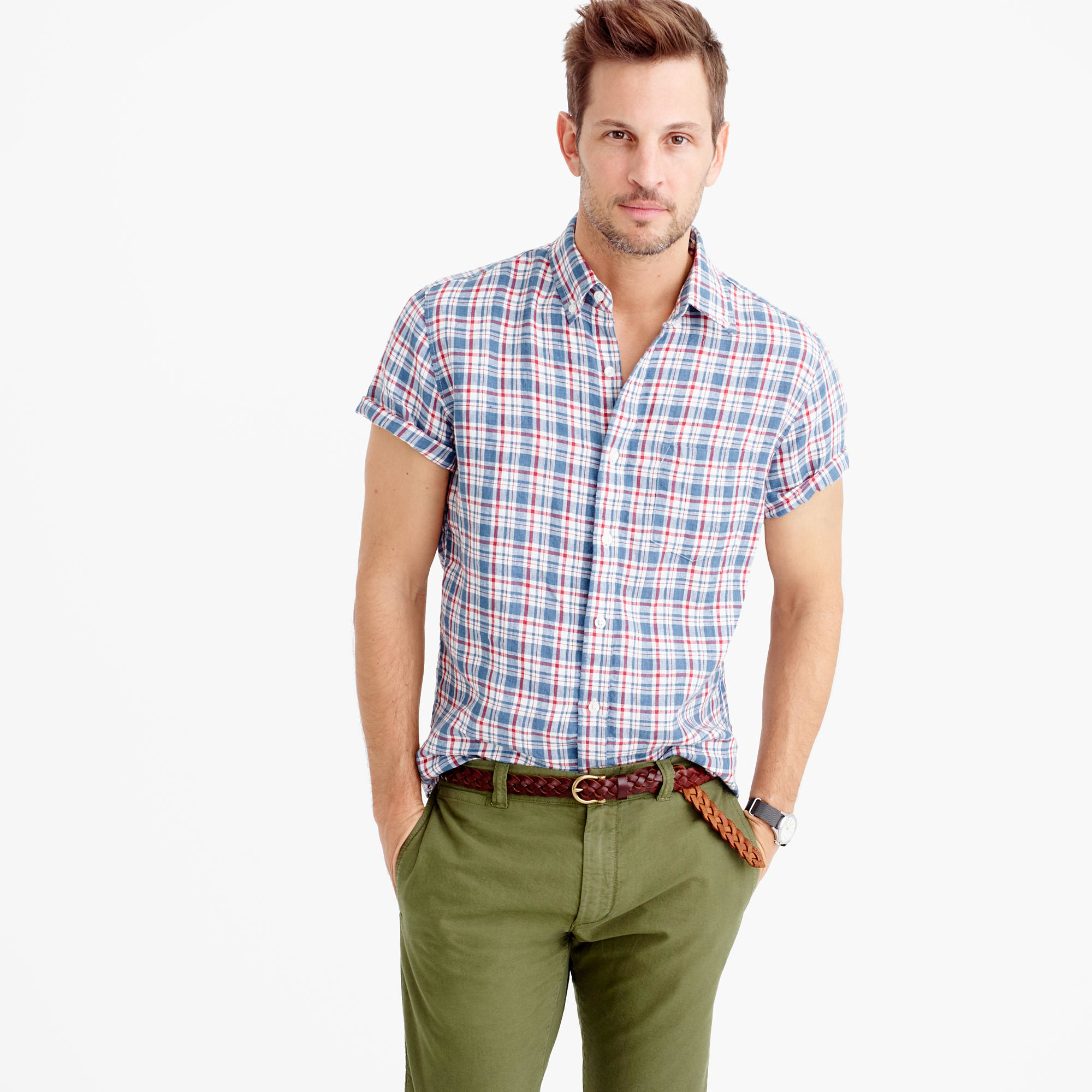 J.crew Short-sleeve Délavé Irish Linen Shirt In Morton Plaid in Blue ...