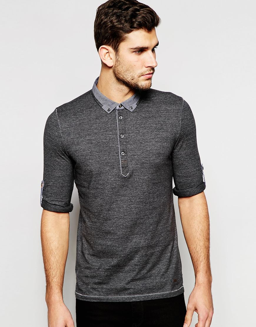 Boss orange Polo Shirt With Contrast Collar Long Sleeves in Gray for ...