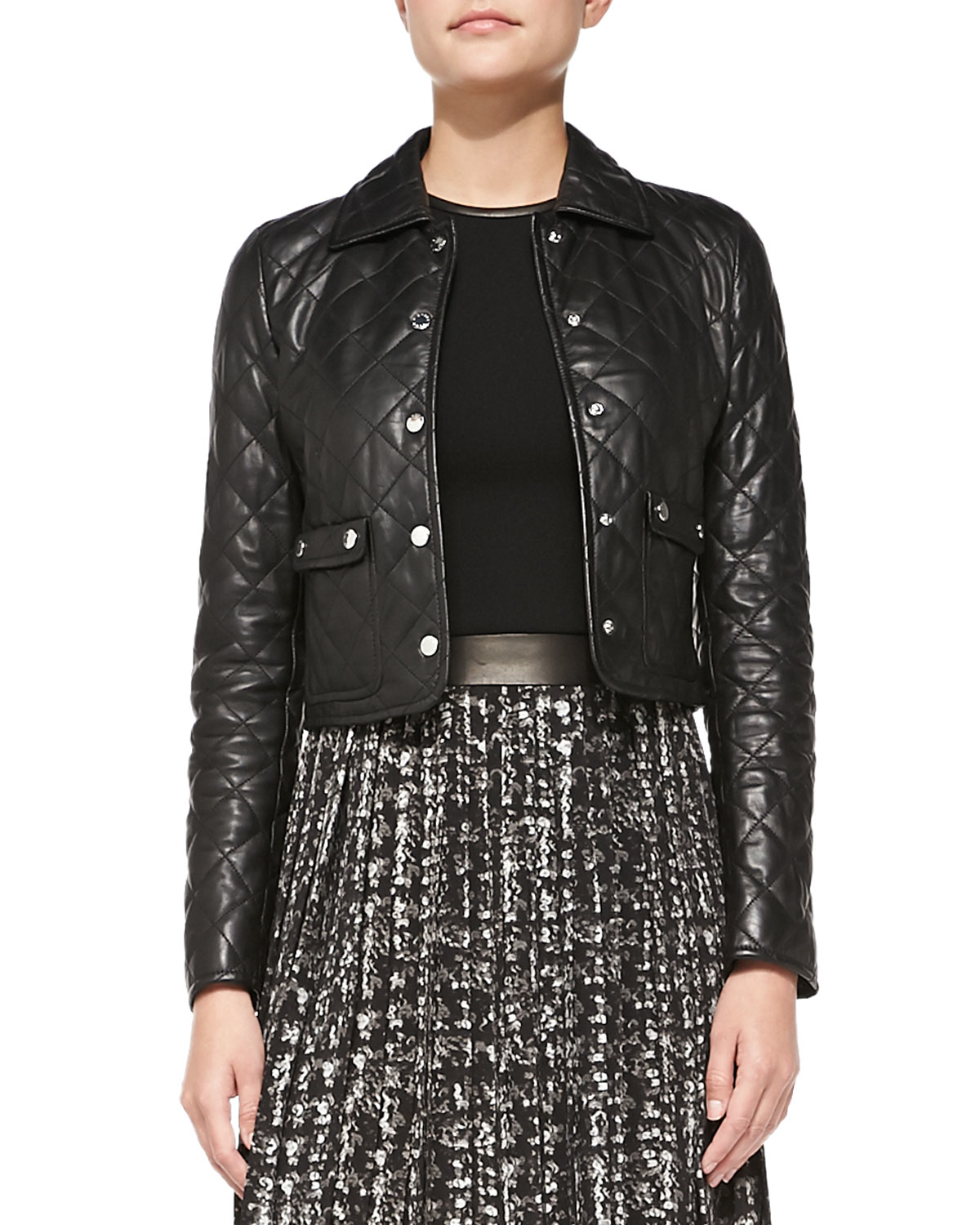 Lyst Michael Kors Quilted Leather Cropped Jacket In Black Gallery Previously Sold At Neiman Marcus Women S Cropped Leather Jackets