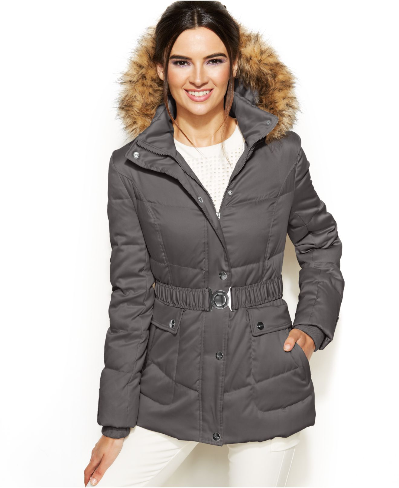 Lyst - Dkny Hooded Faux-Fur-Trim Belted Down Puffer Coat in Gray