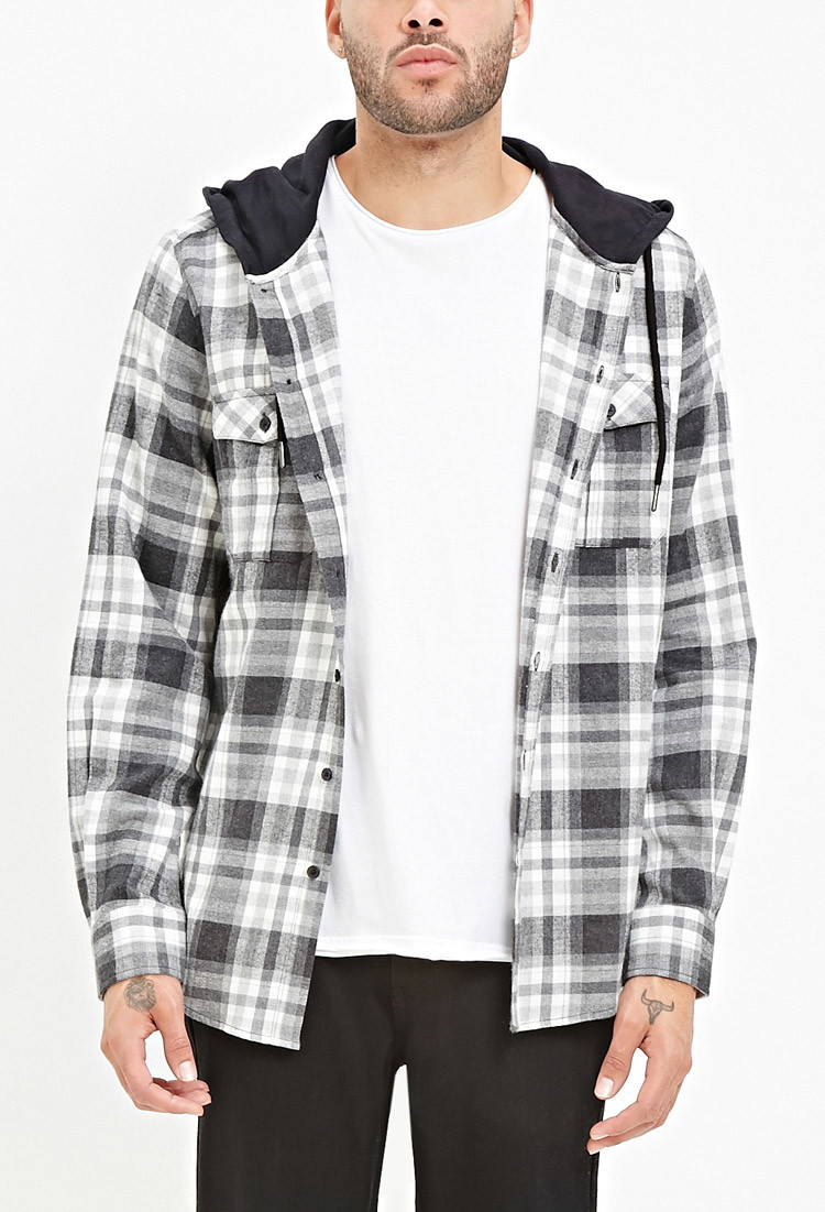 Forever 21 Hooded Plaid Flannel Shirt in Black for Men | Lyst