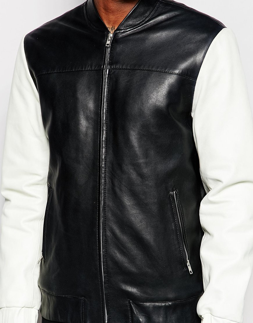 Blackdust Leather Varsity Jacket With Contrast Sleeves In White Gallery Men S Varsity Jackets
