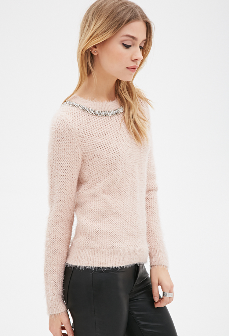 Forever 21 Rhinestone Beaded Fuzzy Sweater in Pink | Lyst