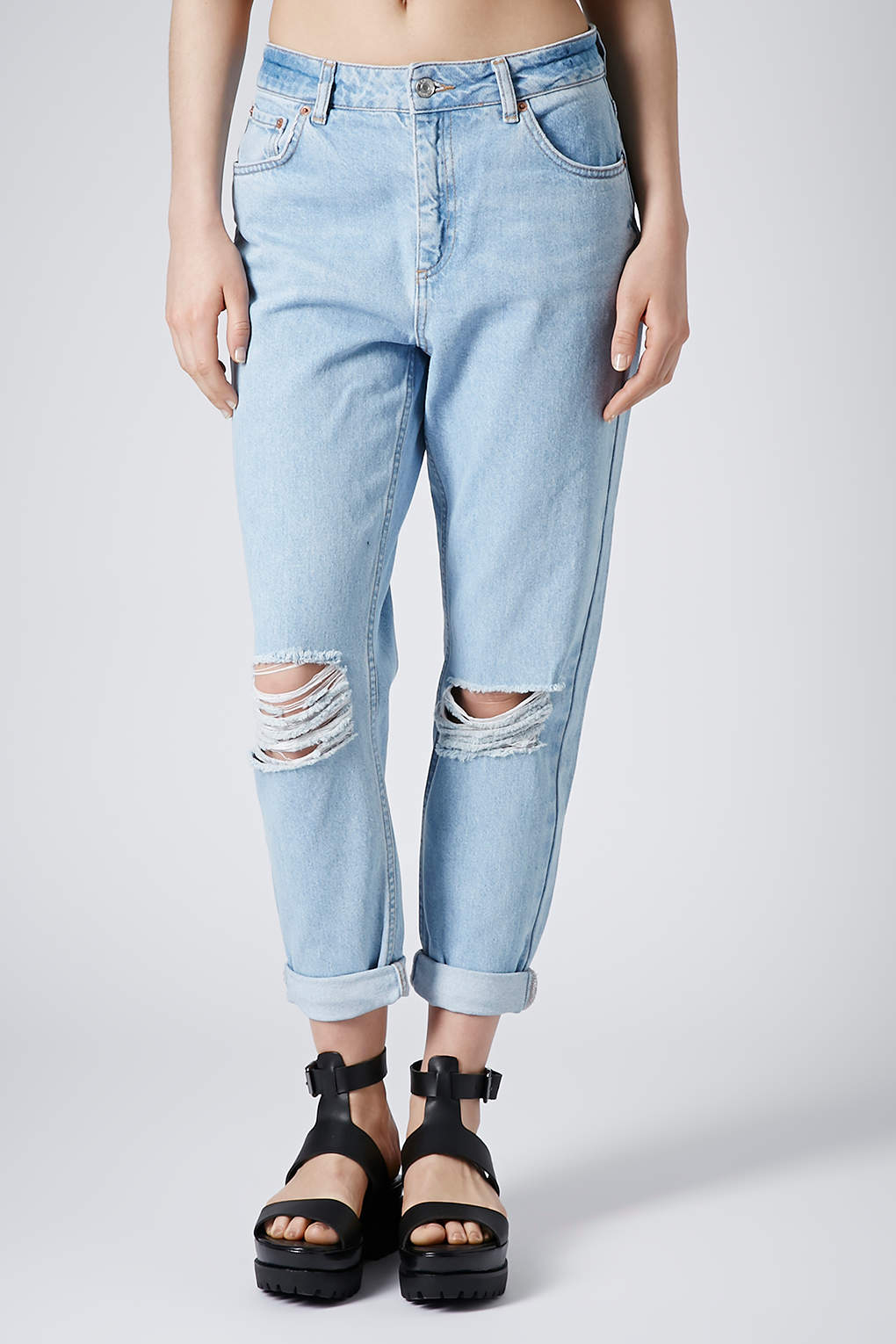 Lyst Moto Blue Ripped Mom Jeans in Blue