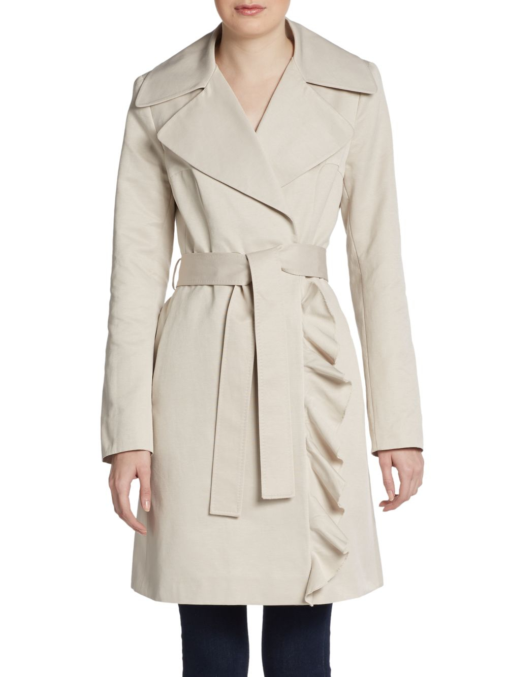 Lyst - T Tahari Eve Ruffle-Trimmed Trench Coat in Natural