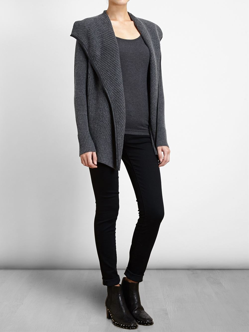 Lyst - Vince Cashmere Drape Front Leather Trim Cardigan In Gray