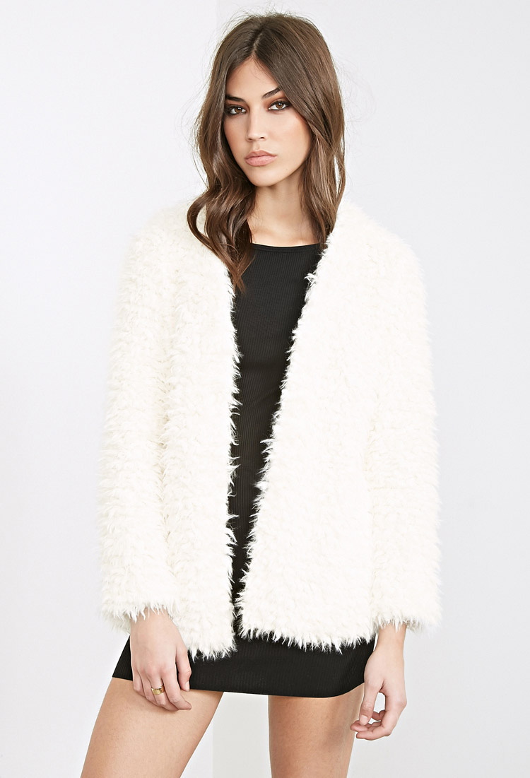 Forever 21 Collarless Faux Shearling Coat in Natural Lyst