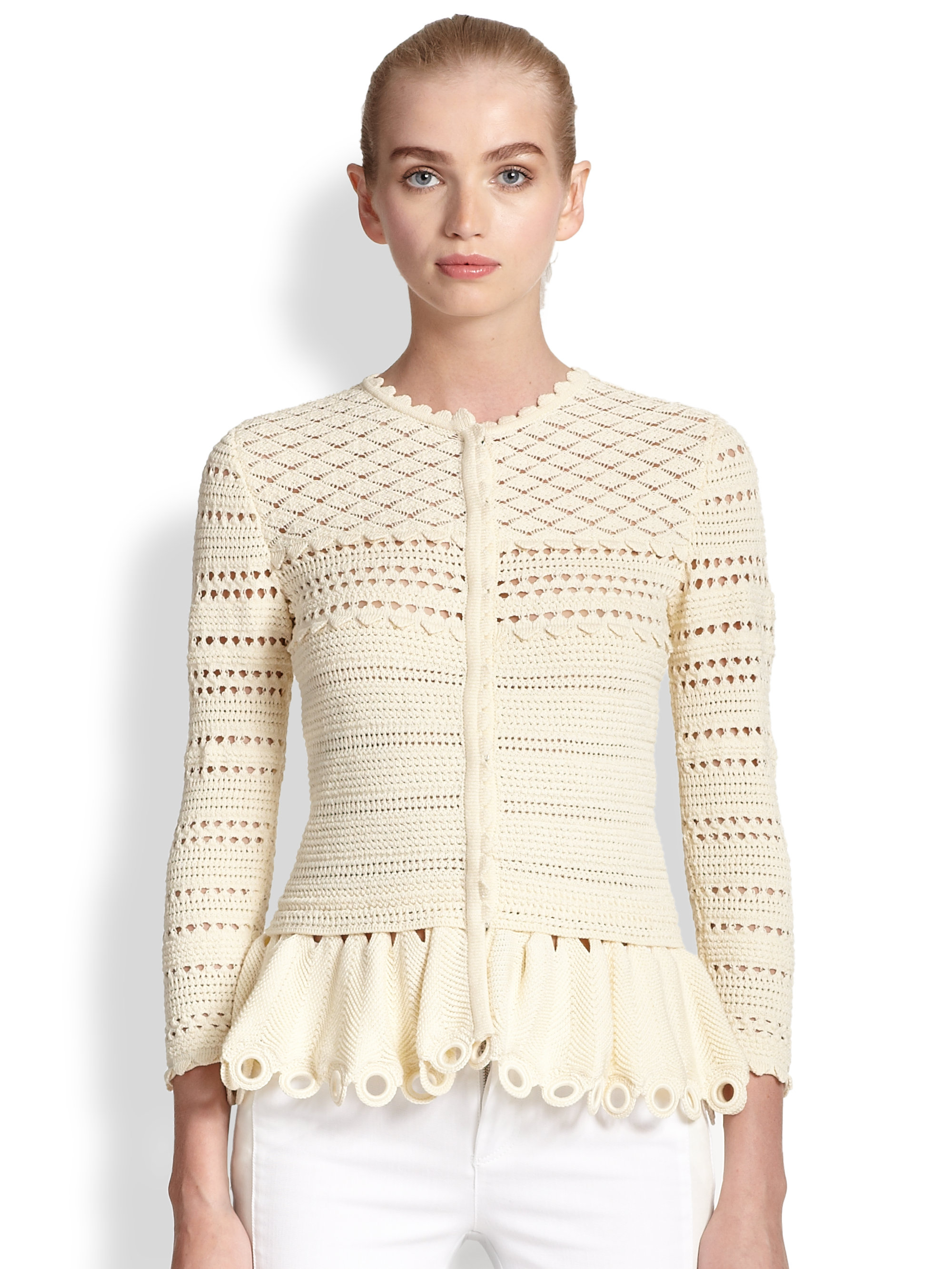 Alexander McQueen Crochet Peplum Cardigan in White - Lyst