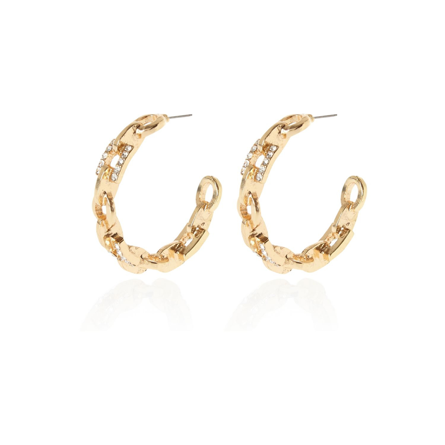 River Island Gold Tone Rhinestone Chain Hoop Earrings in Gold | Lyst